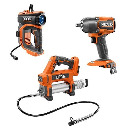 RIDGID 18V Brushless 1/2" Impact Wrench + Grease Gun + Inflator (Tools Only)